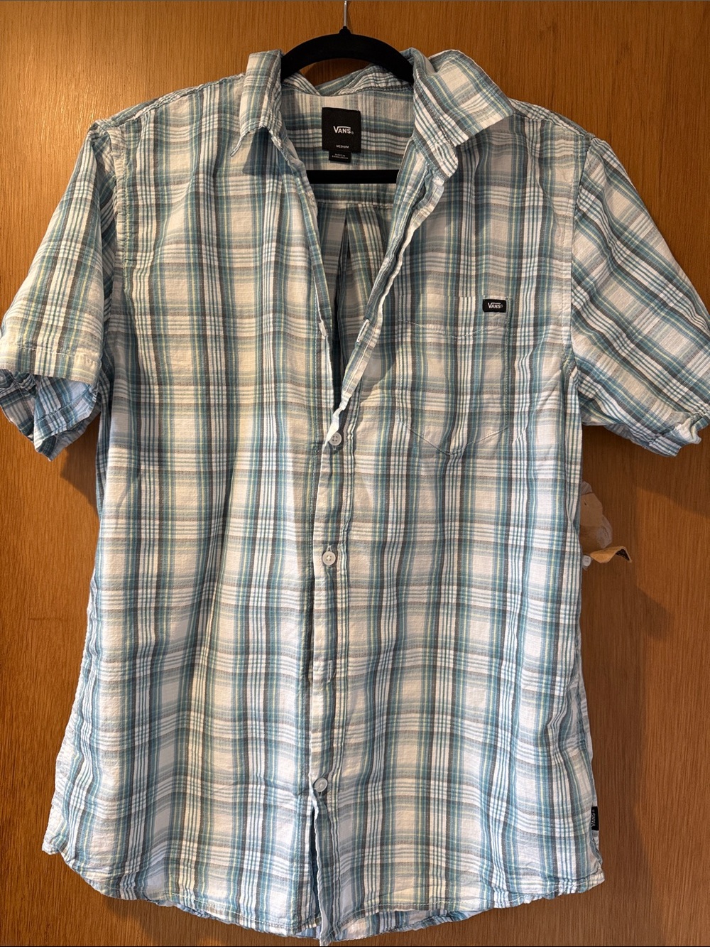 Vans Men's Blue and White Plaid Short Sleeve Button-Up Shirt